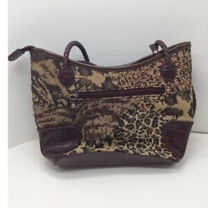Vintage Womens Bueno Shoulder Hand Bag Tapestry Animal Print Design Brown